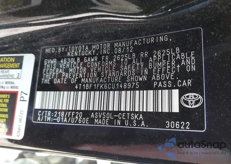 2012 Toyota Camry Se z USA, uszkodzony, nr VIN 4T1BF1FK6CU148975